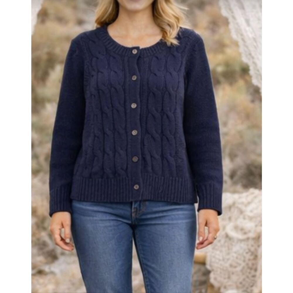 Talbots navy cableknit cardigan sweater medium petite